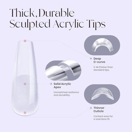 Tipex Instant Apex Nail Tips: Long Coffin, Full Cover Gel, Thicker Acrylic, Strong Hard Clear Pre-etched Press-on Nails