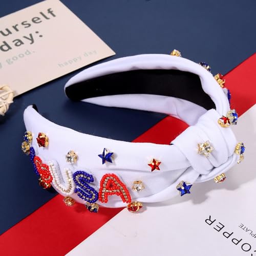 4th of July Headbands for Women American Flag Headband Patriotic Red Blue White Star Knotted Headband Embellished Rhinestone Wide Top Knot Headband 4th of July Hair Accessories Outfits Gifts (White 4)