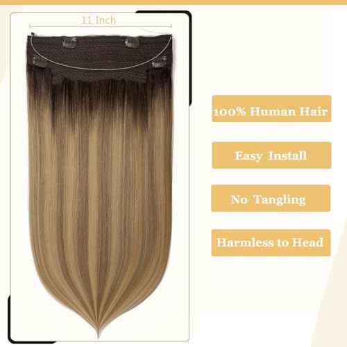 Anrosa Human Hair Extensions with Fish Line Invisible 18Inch 95g Remy Real Hair Extensions Wire Human Hair Balayage Dark Brown to Golden Blonde Wire Hair Extensions Human Hair Adjustable