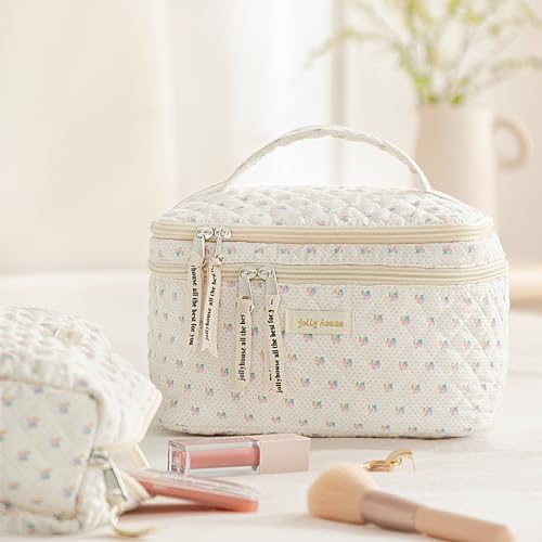 HBselect 2Pcs Double Layer Travel Makeup Bag Women, Cotton Quilted Makeup Bag Coquette Makeup Bag Large Travel Cosmetic Bag Aesthetic Cute Kawaii Cherry Makeup Bag Toiletry Bags for Women Girls