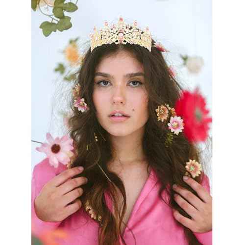 CURASA Gold Princess Crown Pink Tiara for Little Girls Tiaras and Crowns for Women Queen Crowns Birthday Crown Adult Women Fairy Crown Quinceanera Crown Headpiece Wedding Crown for Bride