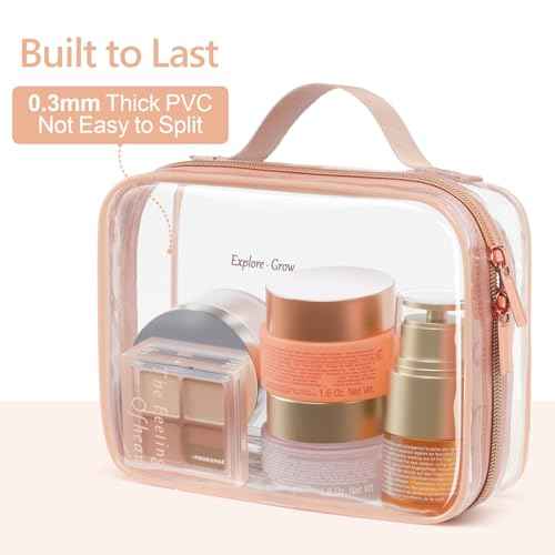 PACKISM Clear Makeup Bag - 2 Pack TSA Approved Toiletry Bag with Handle and 180¡Æ Large Opening, Clear Toiletry Bag Fit Carry-on Travel Essential, Travel Bags for Toiletries, Rose Pink