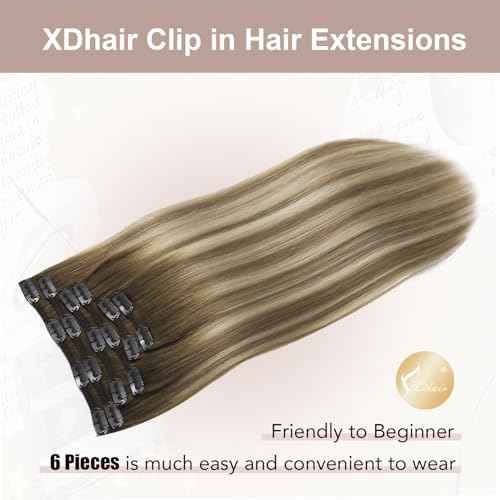 XDhair Clip in Hair Extensions Real Human Hair 120g 18 Inch Balayage Ombre Color 3 Walnut Brown to 8 Ash Brown and 22 Golden Blonde Double Weft Clip in Remy Hair Extensions(18, 3/8/22)