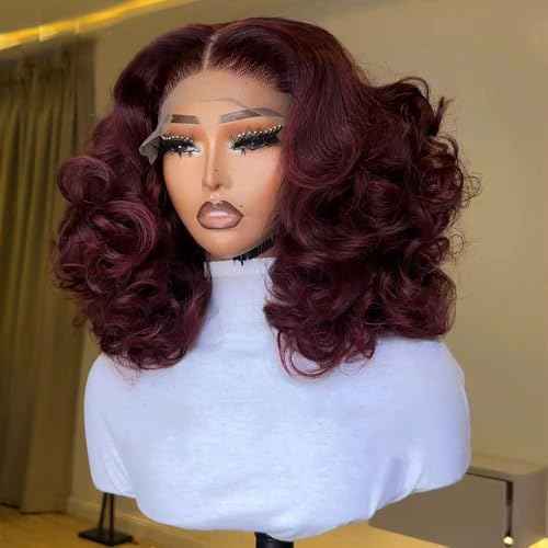 250% Full Density 99J Burgundy Lace Front Wigs Human Hair 13x4 Short Bob Wigs Human Hair Glueless Wear and Go Loose Deep Wave Wig Pre Plucked Pre Bleached Red Wig Human Hair (18inches)
