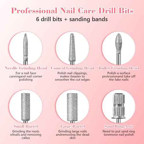 12Pcs Nail Drill bits Set,Professional Nail Art Tools Set for Acrylic Art,with 6 pcs Sanding Bands for Manicure & Pedicure Crystal Nail Files,Perfect for Nail Salons & Beauty