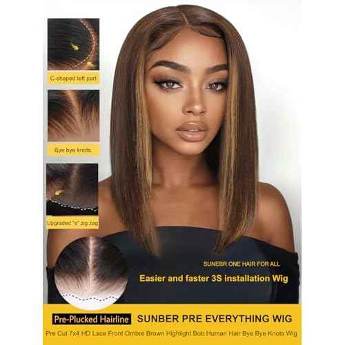 Sunber Ombre Brown Highlights Blonde Bob Human Hair Glueless Wig Bye Bye Knots Pre Everything 7x5 Lace Front Bob Wigs Pre Cut Lace Pre Plucked Pre Bleached Knots 150% Density 3S Put On and Go 12Inch