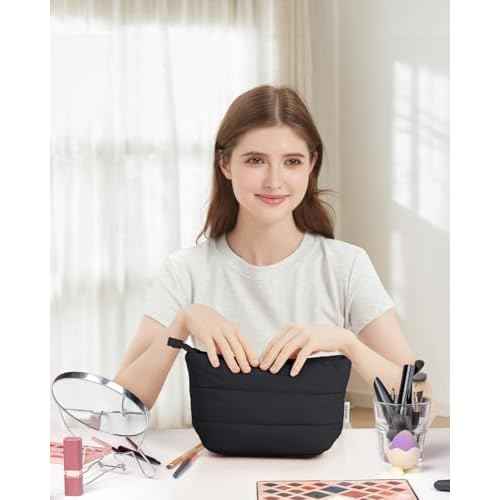 Narwey Small Makeup Bag for Travel Women Girl, Puffer Cosmetic Bag Makeup Pouch for Purse with Zipper, Cute Puffy Make Up Organizer Bags, Travel Toiletry Bag Toiletries (Black)