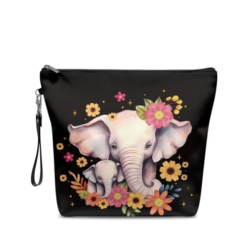 PCSJRKG Flowers Elepahnt Printed Makeup Bag Cute Elephant PrintedCosmetic Bags for Women and Girls, Large Capacity Leather Cosmetic Bag Travel Makeup Bag, Makeup Organizer Bag Zipper Pouch