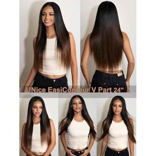 UNICE V Part Wigs Human Hair Yaki Straight Clip in Vpart Glueless Human Hair Wig No Sew in No Glue Ombre Chestnut Brown Beginner Friendly 150% Density 18 inch