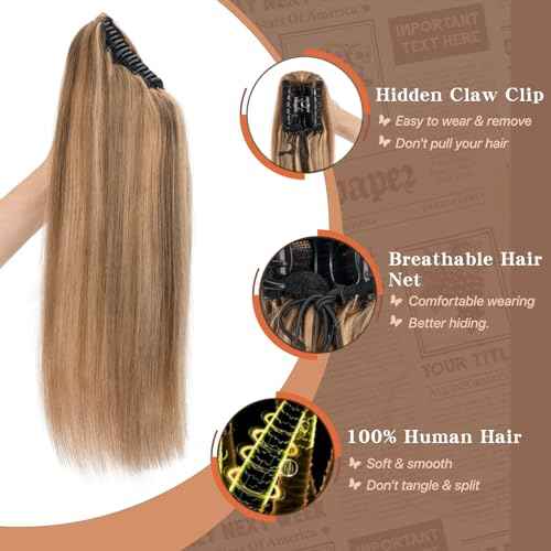 Claw Clip In Ponytail Extension, 100% Human Hair Ponytail Extension, No Tangle & Smooth, 115g, 18 Inch #Medium Brown & Dark Blonde