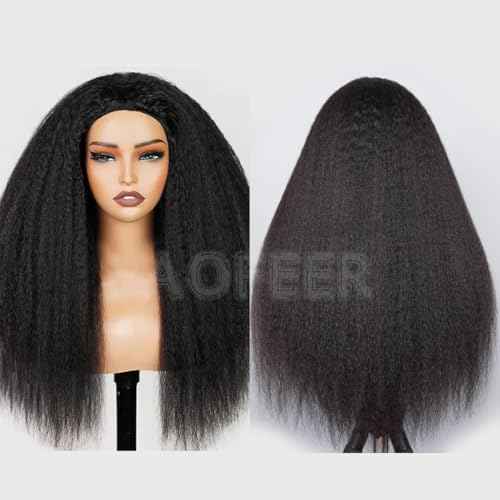 Kinky Straight 3 in 1 Half Wig Human Hair 200 Density Upgrade Headband Wig No Glue Seamless Flip Over Yaki Straight Wig with Drawstring Wear and Go Glueless Wigs for Women 18 Inch