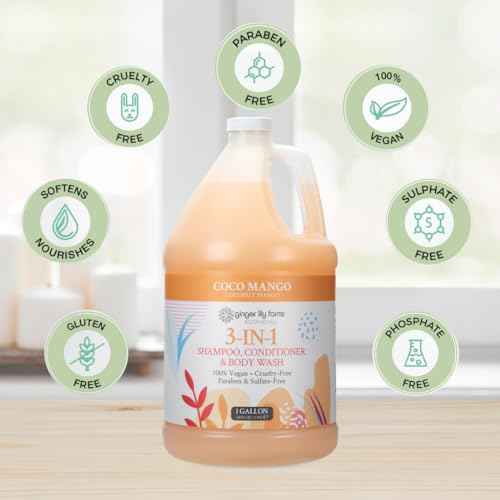 Ginger Lily Farms Botanicals 3-in-1 Shampoo, Conditioner & Body Wash, Coco Mango, 100% Vegan & Cruelty-Free, Coconut Mango Scent, 1 Gallon (128 fl oz) Refill