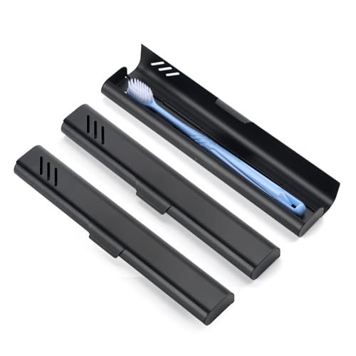 Travel Toothbrush Case, 2Pack Portable Toothbrush Holders, Durable Aluminum Toothbrush Storage Box, Small Breathable Manual Toothbrush Container for Traveling, Camping, Business Trip - Black