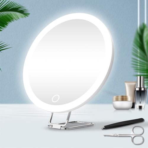 5X Magnifying Mirror with Light, Large 5X Makeup Magnifying Mirror, Lighted 5X Magnification Mirror with Adjustable Stand & Suction Cup, 6inch Travel Magnifying Mirror Compact 5X LED Magnifying Mirror