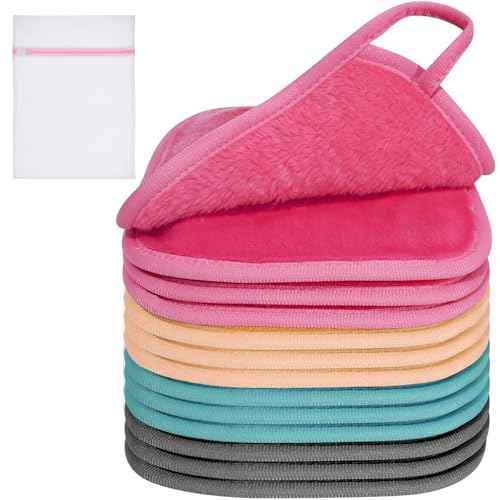 KODAMO Makeup Remover Cloth, 12 Pack Reusable Makeup Remover Towels with Washable Travel Bag, Microfiber Face Wash Cloths for Women All Skin Types, Coral/Pink/Green/Grey
