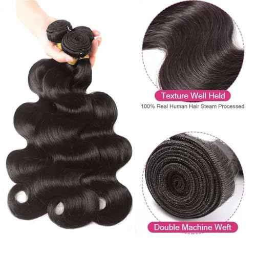 100% Brazilian Virgin Human Hair Body Wave Natural Black Human Hair Bundles with 4x4 Lace Closure, 3 Bundles with Closure (14, 16, 18+12 Natural Black)