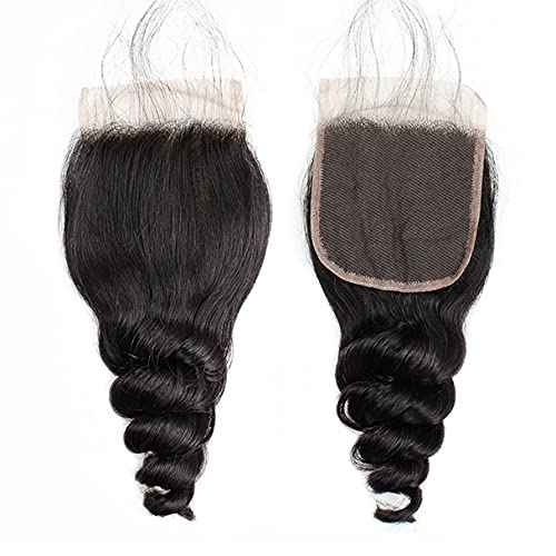 Brazilian Loose Wave 4x4 Lace Closure 100% Unprocessed Human Virgin Hair Pre Plucked Loose Deep Wave Pre-Plucked Hairline Frontal Closure Natural Black With Baby Hair (20inch, loose wave 4x4)