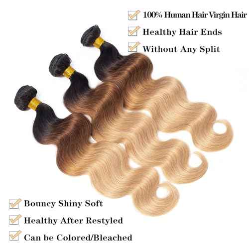 12A Grade Ombre Body Wave Bundles Human Hair (T1B/30/27,16" 18" 20") Brazilian Ombre Brown Body Wave Human Hair 3 Bundles 100% Real Unprocessed Virgin Remy Hair Quick Weave