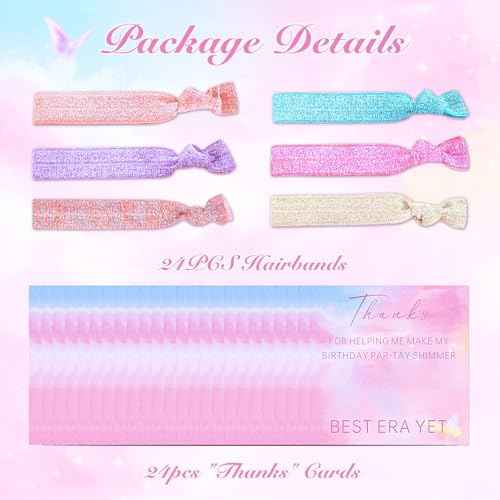 24pcs Colorful Elastic Hair Bands with Thanks Shimmer Cards Gift for Fans Women Birthday Party favors