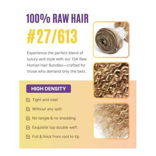 13A 27/613 Human Hair Bundles Water Wave, Highlight Blonde Curly Bundles Wet n Wavy 100% Raw Hair Keep Silky And Soft After Washing #F27/613 Highlight Honey Blonde Sew In Weave 3Pcs 10 12 14IN