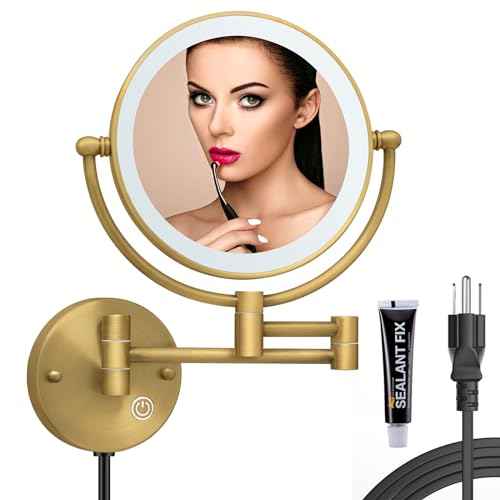 8" Brass Wall Mount Makeup Mirror with Lights, 1X/5X Double Sided Personal Mirrors for Bathroom with 360 Swivel Extendable, Antique Brass Indoor Arts Ware, Plug Powered