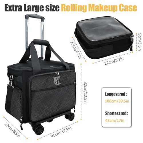 Rolling Makeup Bag with 4 Removable Bags,Professional Makeup Bag with Brushes Storage Section.Cosmetic Bag with Detachable Dividers (Patent Design)(Black)