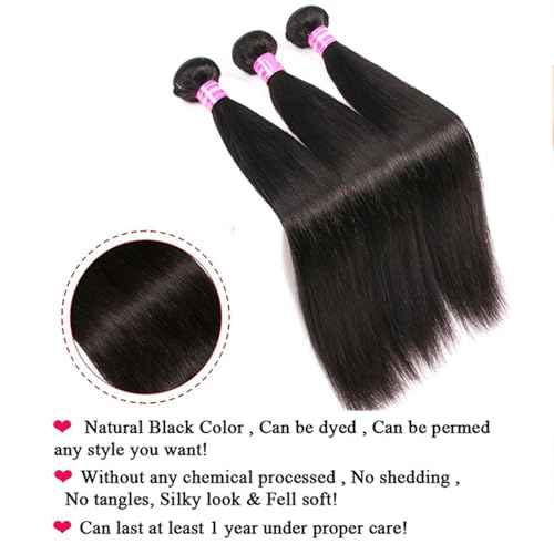 12A Human Hair Bundles Straight 100% Unprocessed Brazilian Virgin Hair Weave 3 Bundles Silky Black Hair for Black Women 20 22 24 Inch