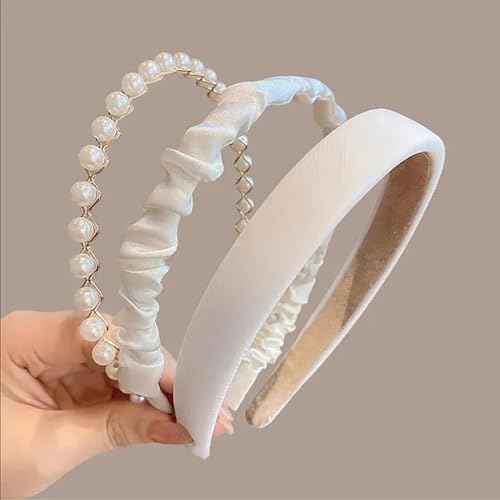 3PCS Headbands for Women & Girls - White Pearl Non-Slip Wide Padded Headbands - Cute & Vintage Women's Hair Accessories