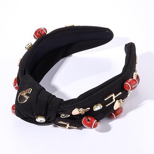 Football Headband for Women Football Mom Accessories Rhinestone Crystal Football Charm Top Knot Hairband Black White Red Purple Blue Gameday Sports Wide Twist Football Hair Band Headpiece Accessories