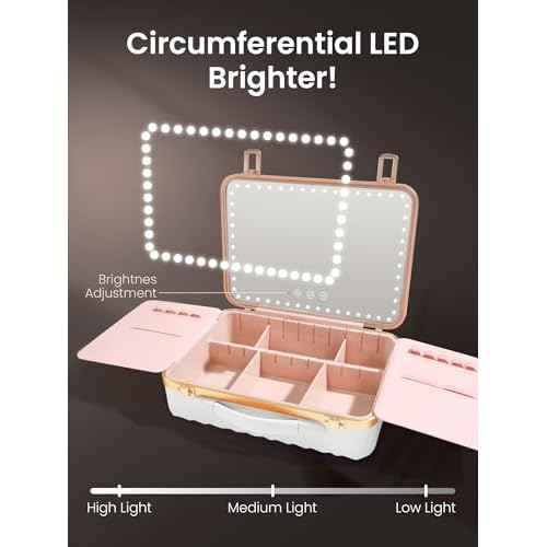 ROWNYEON Portable Travel Makeup Case With Light Up Mirror & Removable Divider - Train Case Organizer for Girls & Makeup Artist, Hairstylist - 10x Mirror (White)