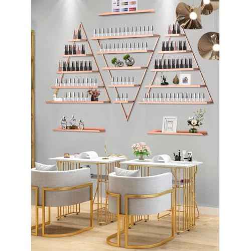 EBANKU Metal Wall-mounted Nail Polish Storage Racks 5 Tiers Triangular Display Rack Cosmetic Display Cases Lipstick Perfume Wall Shelf Essential Oil Organizers for Home Spa Nail Salon Shop (Rose Gold)