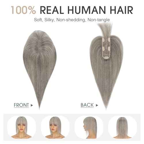 S-noilite Hair Toppers for Women Real Human Hair, 100% Real Human Hair Toppers with Bangs for Women with Thin Hair,2.25"*6" Lace Silk Base 12 inch (Mixed Light Gray)