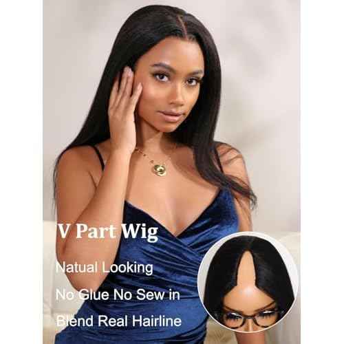 YIROO V Part Wig Yaki Straight Human Hair Wigs for Black Women Upgrade Upart Wig No Leave Out 12A Glueless Kinky Straight 20 Inch