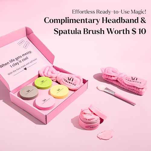 VogueNow Clay Mask Gift Pack of 4 Jars (400g) With Cute Headband & Brush | Premium Clay Face Mask | Turmeric Vitamin C, Green Tea, Rose, Dead Sea Mud | Clay Mask For Face | Spa Gift set for Women