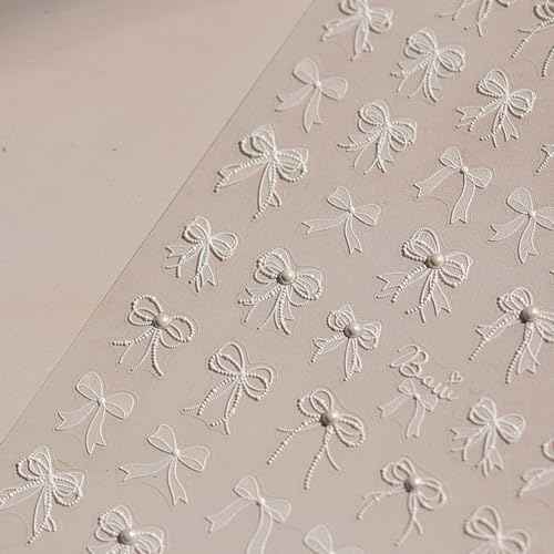 5D Embossed White Lace Bowknot Nail Art Stickers Pearl Bow Nail Stickers for Nail Art Supplies Retro Relief Bow Nail Decals Self-sdhsive Bow Stickers for Nails Ribbon Bows Nail Accessories for Women