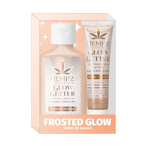 Hempz Frosted Glow Kit, Illuminating Mini Body Lotion and Shimmer Lip Gloss Duo, Limited Edition Glitter Gift Set, 2.25 oz and .44 oz