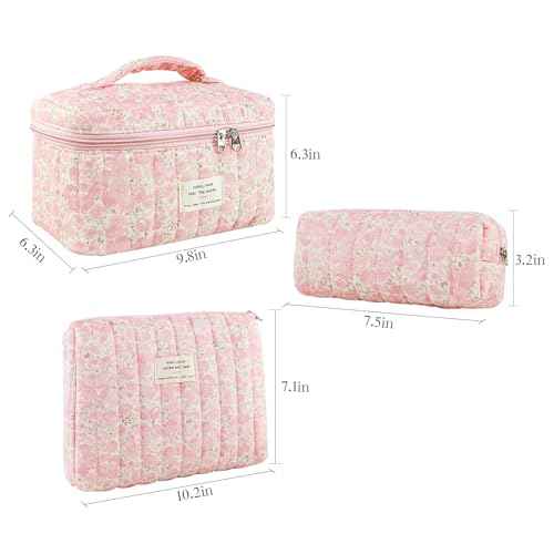 3Pcs Makeup Bag Cotton Quilted Travel Cosmetic Bag Cute Floral Makeup Pouch Large Toiletry Bag for Women Girls (Flowers-Pink3)