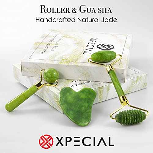 Gua Sha & Jade Roller 3 in 1, Face Roller, Guasha Facial Massage Skin Care Tool Set, Massager for Removal of Wrinkles & Eye Puffiness, Anti-Aging & Body Relaxation