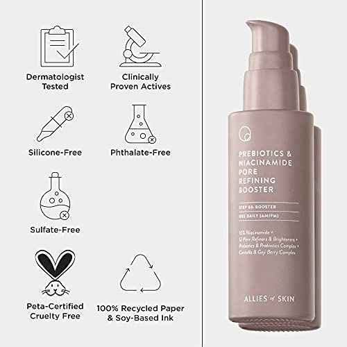 Allies of Skin Prebiotics & Niacinamide Pore Refining Booster | Minimize the Appearance of Pores with Goji Berry & Probiotics Complex | Calm Redness and Treat Blemish Prone, Dull Skin | 1.7 fl oz