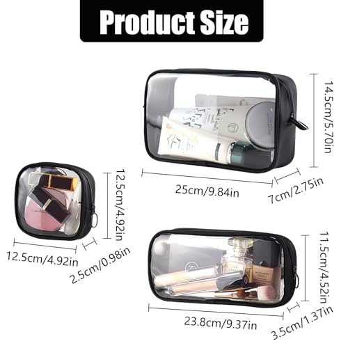 Clear TSA Approved Toiletry Bag Set - 3 Pack (Large, Small and Mini) Clear Cosmetic Bag with Zipper, Quart Size Travel Essentials Organizer Perfect for Carry-On Luggage (TPU-3LSM-Black)