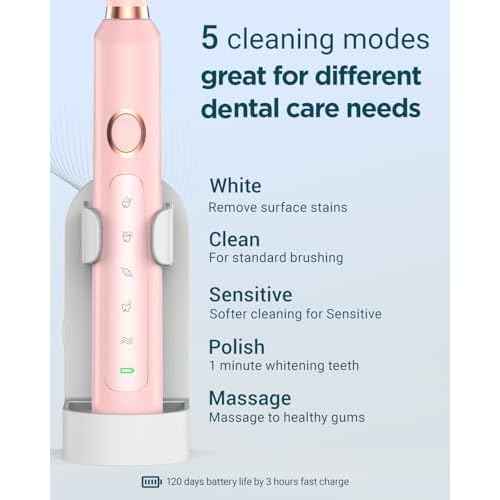 Rtauys 2 Pack Electric Toothbrush for Adults - 2 Rechargeable Electric Toothbrushes with 12 Brush Heads & 2 Travel Case, Power Electric Toothbrush with Holder, 3 Hrs Charge for 120 Days - Black+Pink