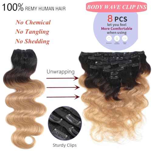LUMIERE Human Hair Clip In Extensions, Ombre Blonde Body Wave Seamless Clip In Hair Extensions Real Human Hair 1B/4/27 Balayage Hair Extensions 120g 8pcs Per Set 24 Inch
