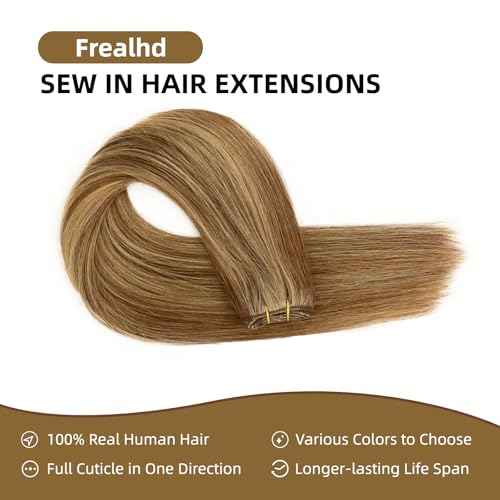 Sew in Hair Extensions Real Human Hair, 110g 16 inch Medium Brown Highlight Honey Blonde Weft Hair Extensions Remy Straight Weave Bundles