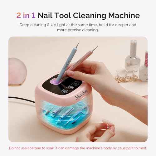 [2025 Upgraded] MelodySusie 2 in 1 Nail Tool Cleaning Machine, 3 Timers Mode for Nail Drill Bits, Nail Art Brush, Nail Clipper, Jewelry Cleaning, Salon & Home Use, Pink,DL-160