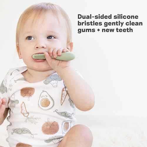 ezpz Baby-Led Toothbrush + Tongue Depressor Dual Pack (Sage) - 100% Silicone Toothbrush + Silicone/Stainless Steel Tongue Depressor - Helps Set-up Infants for a Healthy Oral Care Routine