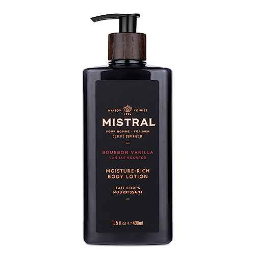 Mistral Bourbon Vanilla Body Lotion for Men | Moisture-Rich Body Cream | Fast-Absorbing Men¡¯s Lotion with Shea Oil & Squalane | Natural & Paraben-Free | Masculine Scent ? 13.5 fl oz
