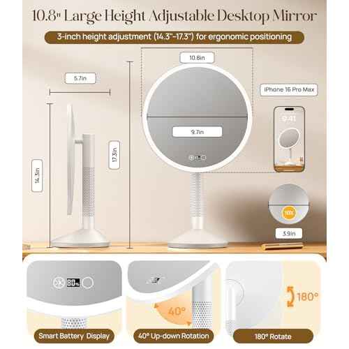 Gospire 10.8 Inch 2-in-1 Large Vanity Mirror with Lights & Bedside Table Lamp, Height Adjustable Lighted Makeup Mirror with Magnification 10X, 5000mAh Battery, 3-Color Desk Light Up Mirrors Bathroom