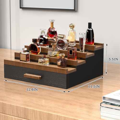 Zalida Wooden Cologne Organizer for Men 4 Tier of Perfume Display Holder of Drawer & 2 Hidden Compartments Larger Storage Space Mens Perfume Organizer Shelf Stand,Gift for Man (4T-Black Walnut)