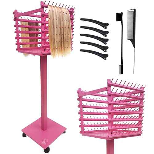 Braiding Hair Rack, Hair Extension Holder, Hair Braiding Tools, Hair Product Organizer, Wooden 3-Sided Rack Stand, Large Capacity (210 pegs) (Pink)