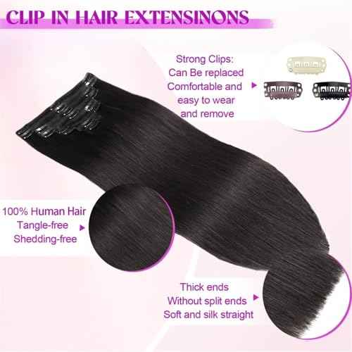 Clip In Hair Extensions Real Human Hair, Remy Human Hair Extensions 8PCS Long Soft Natural Hair piece 14-28 Inch Straight Hair Extension for Women(80g-120g 1B# Natural Black)
